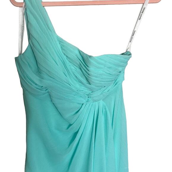 David's Bridal turquoise blue one shoulder asymmetrical gown pleated drape sz 8 - Picture 3 of 8